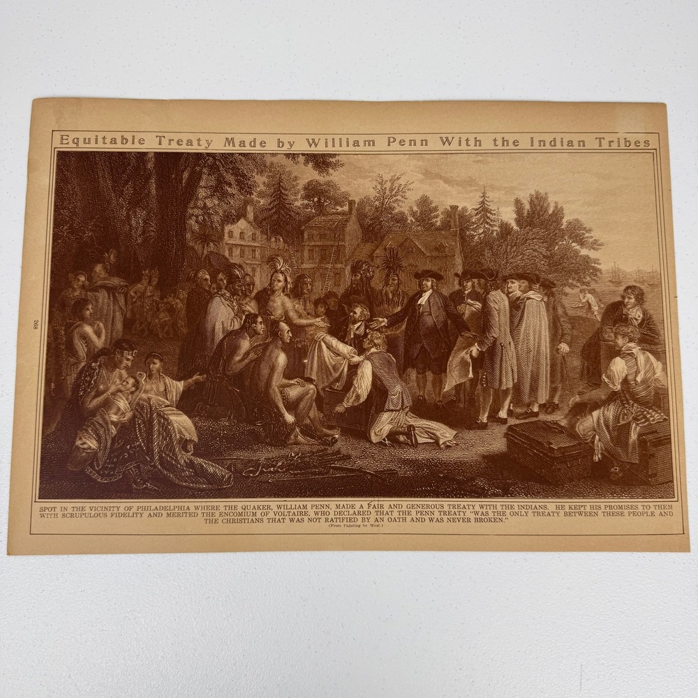 Vintage Two-Sided Colonial Print William Penn Treaty & Columbus Birthplace